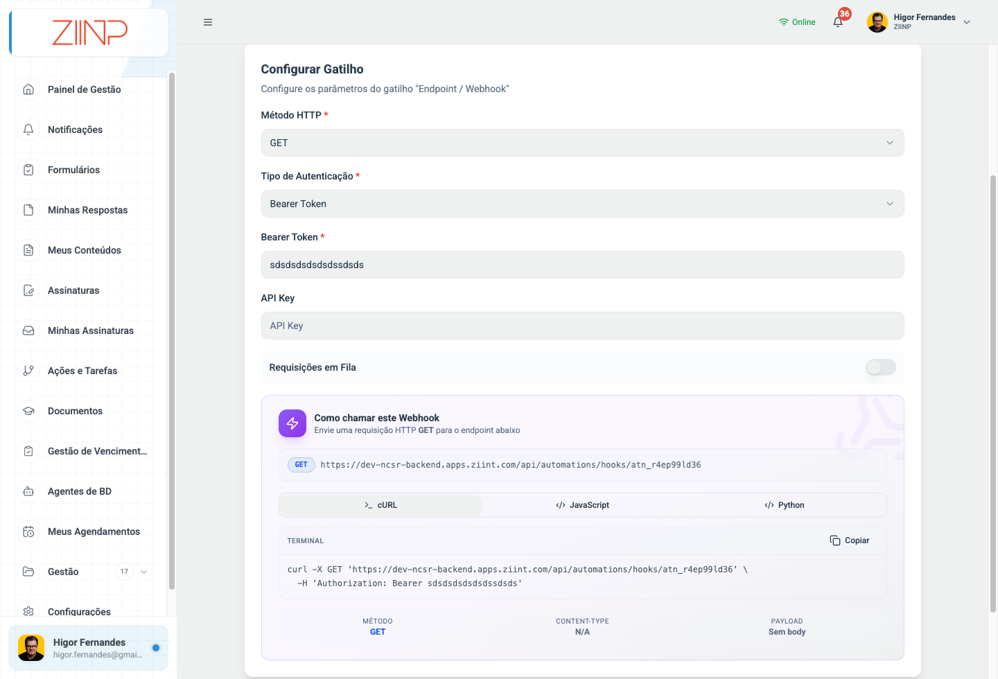 Exemplo de webhook