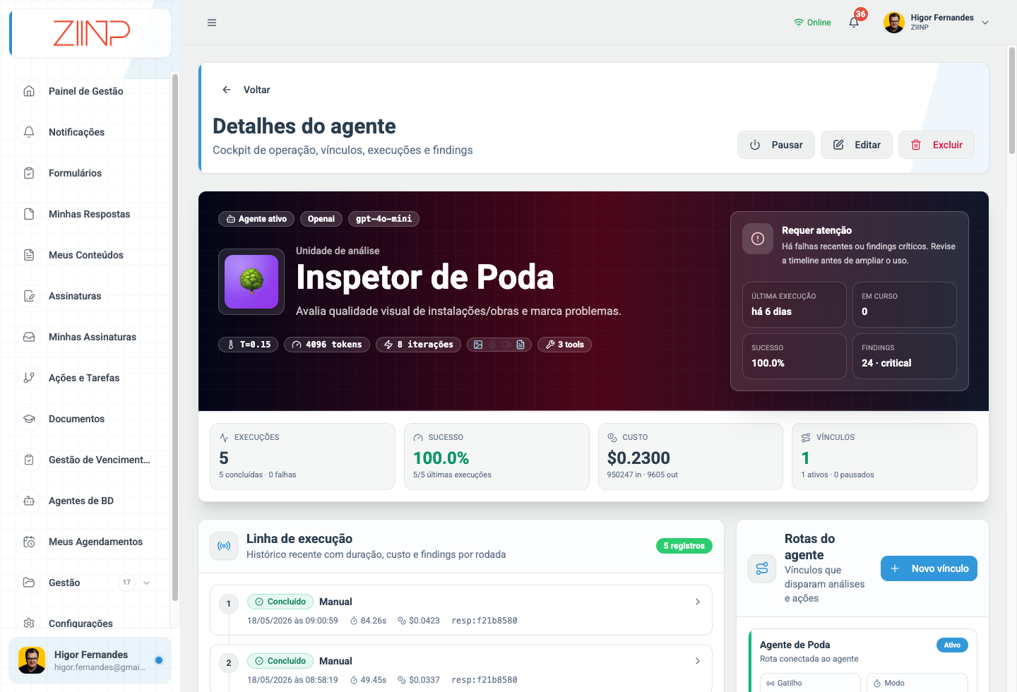 Cockpit com execuções