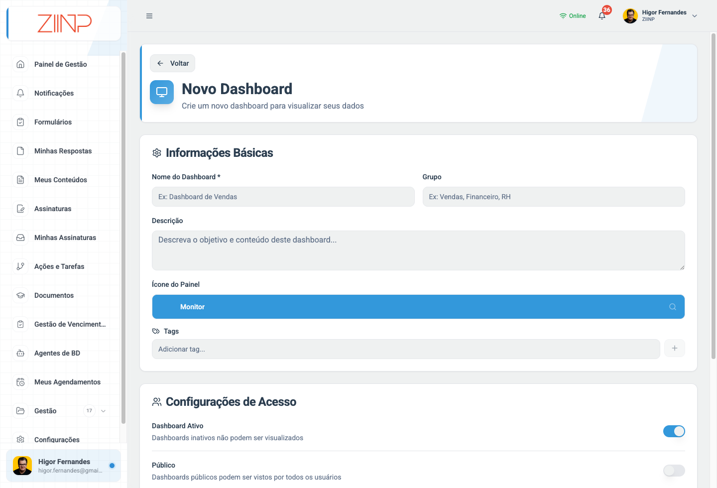 Novo dashboard