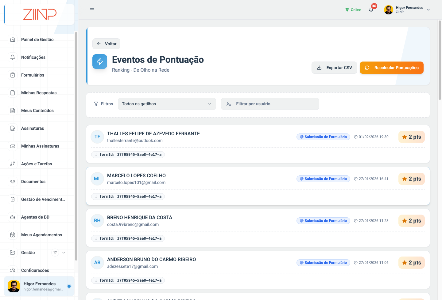 Eventos de pontuação