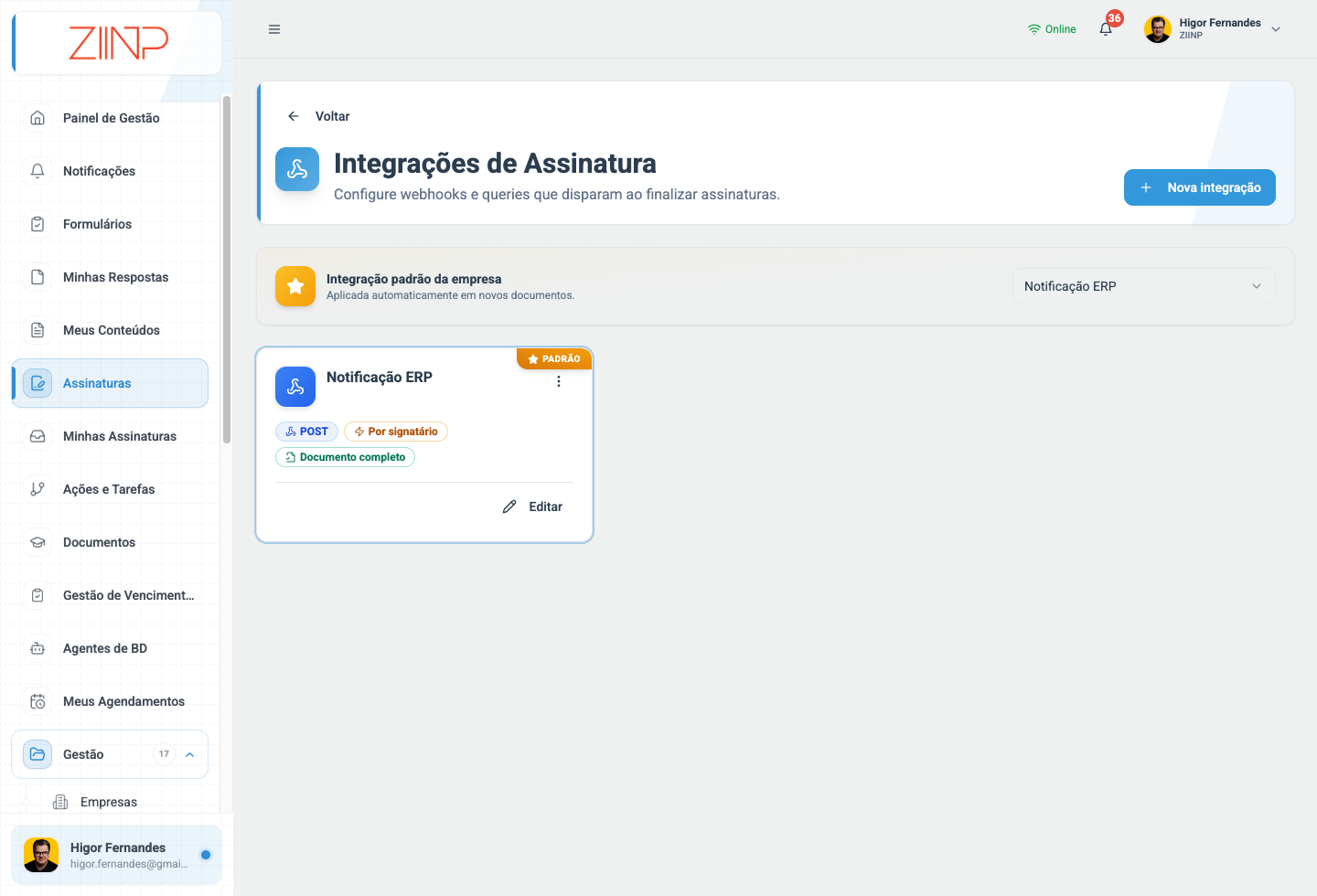 Integrações de assinatura