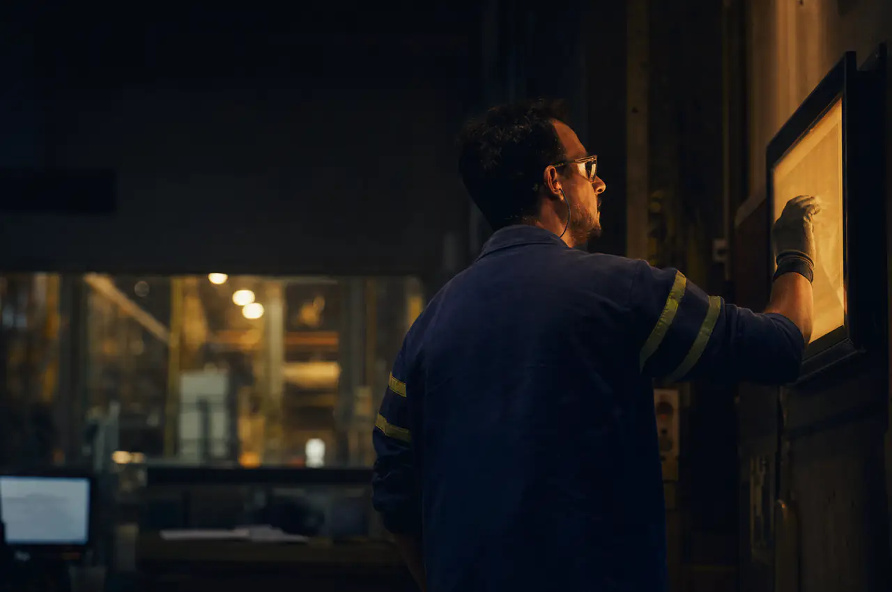 Profissional de qualidade montando a estrutura de um checklist numa tela sensível ao toque, em sala de operação
