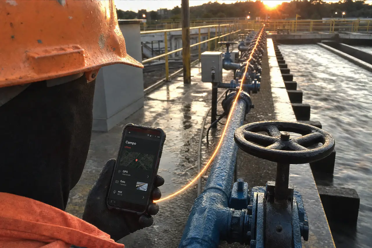 Técnico registrando uma inspeção pelo celular numa estação de tratamento ao entardecer
