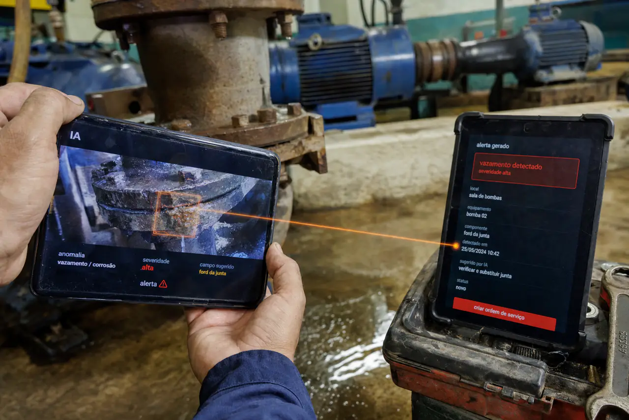 Tablet erguido diante de uma bomba industrial, com a região da anomalia destacada na foto