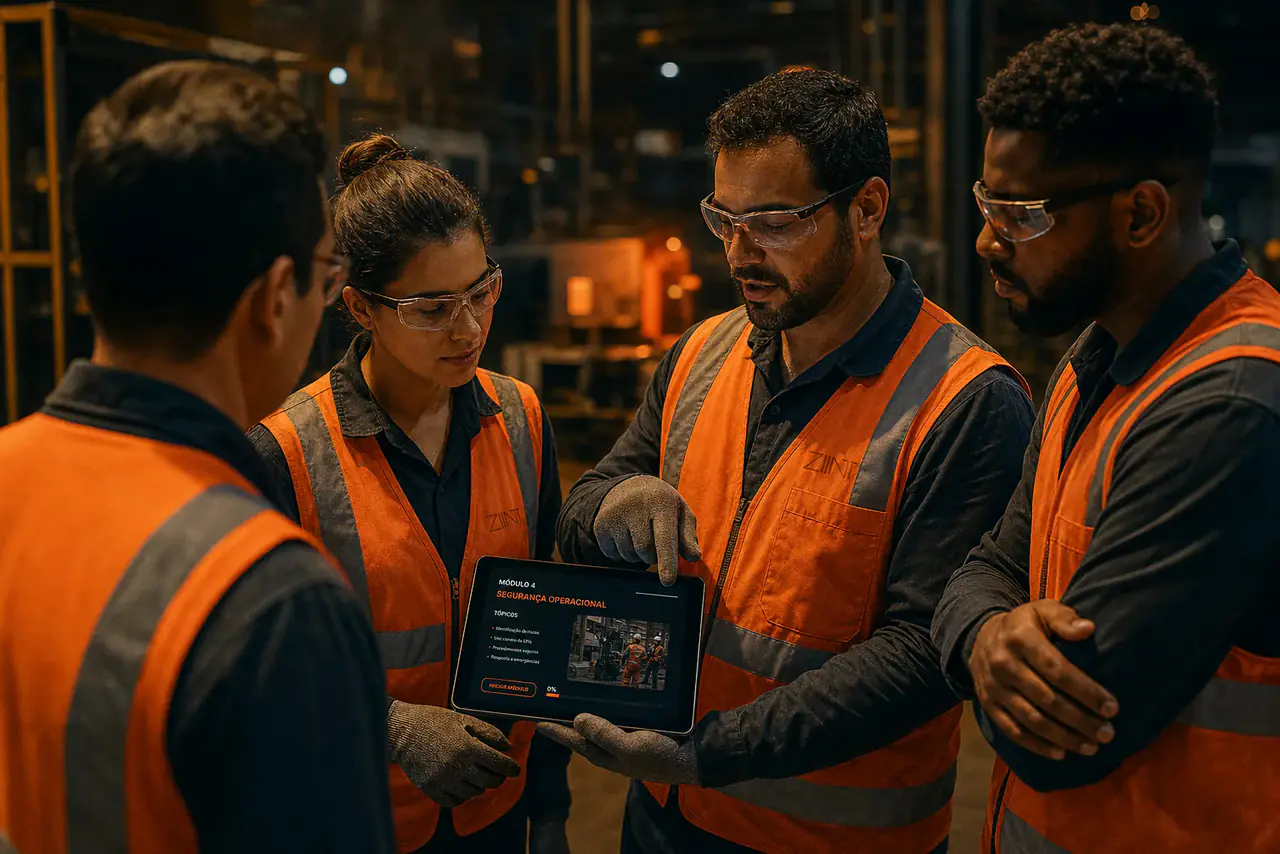 Equipe reunida em volta de um tablet no chão de fábrica durante um treinamento