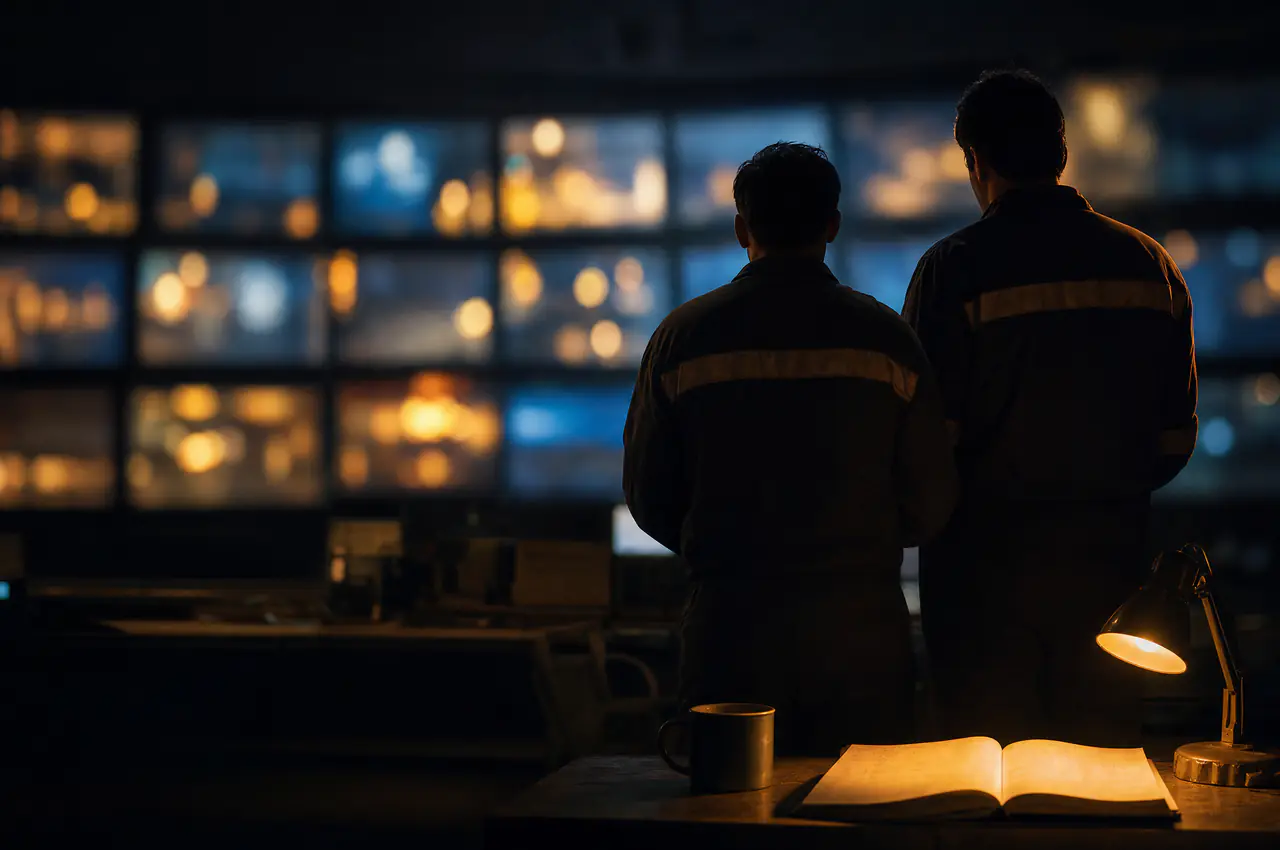 Dois operadores diante do painel de uma sala de controle à noite