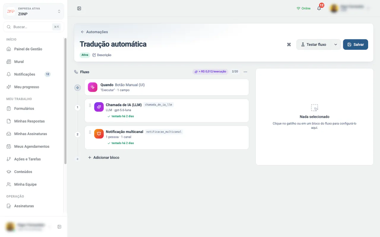 Construtor visual de automação, com gatilho e blocos encadeados
