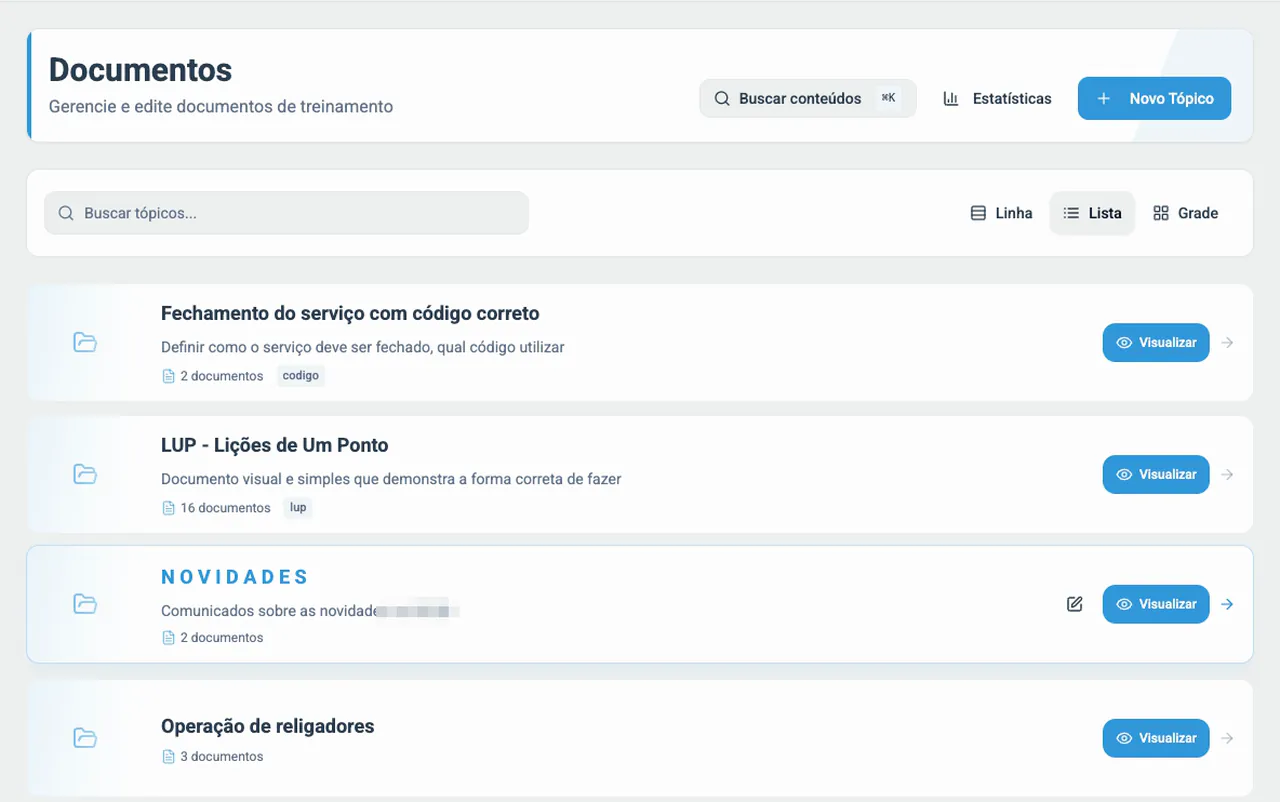 Documentos de treinamento organizados em tópicos