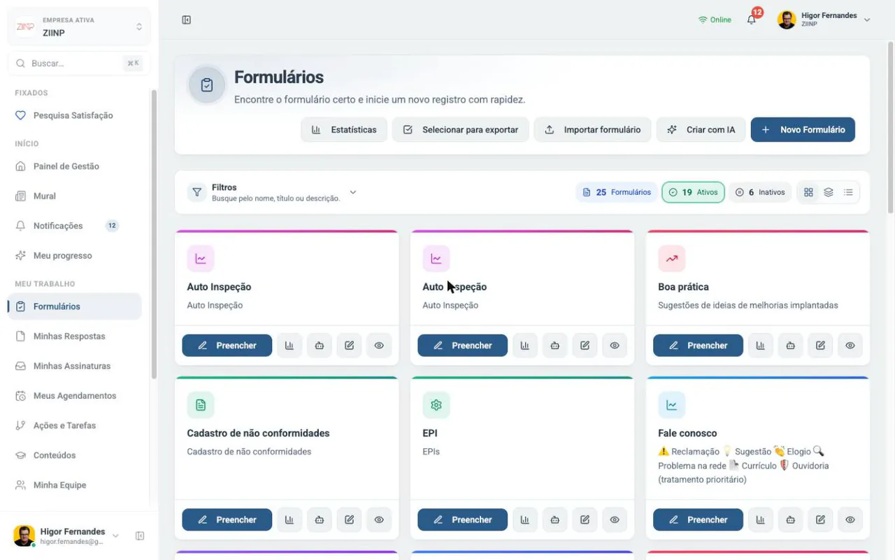 Catálogo de formulários de uma empresa em operação