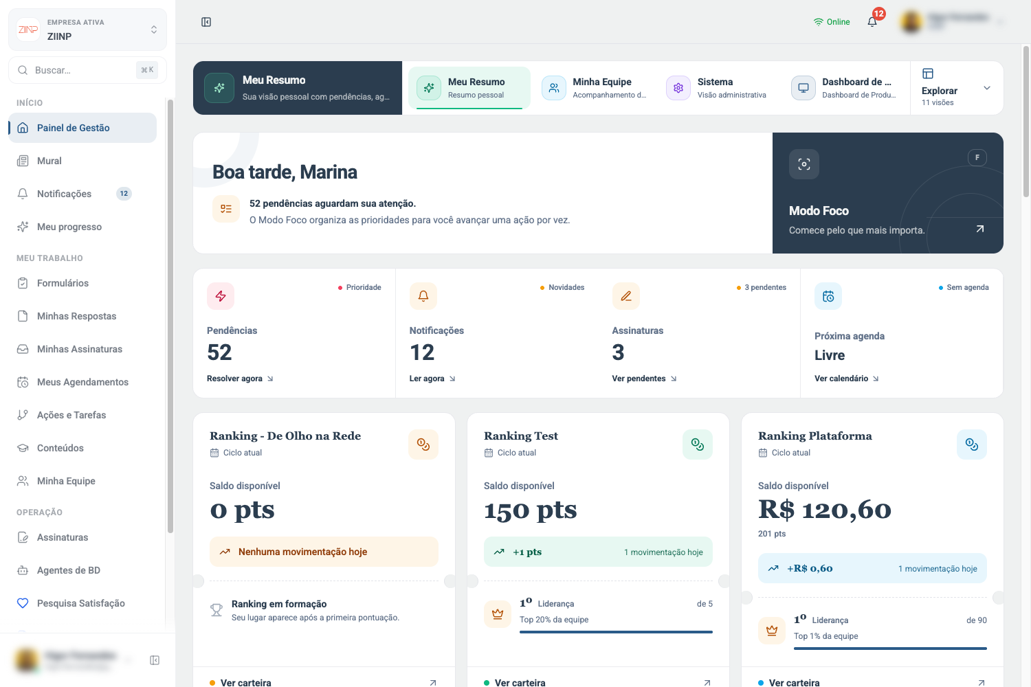 Interface da ZIINP para acompanhar fluxos de trabalho
