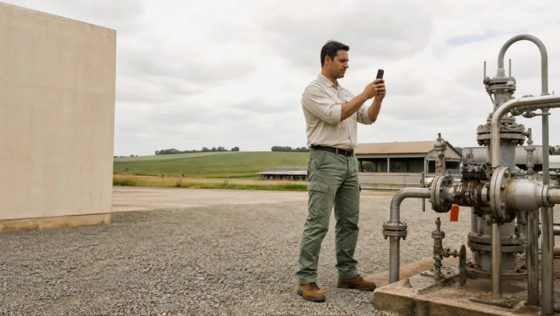 Técnico fotografa com o celular uma tubulação industrial durante a inspeção em campo