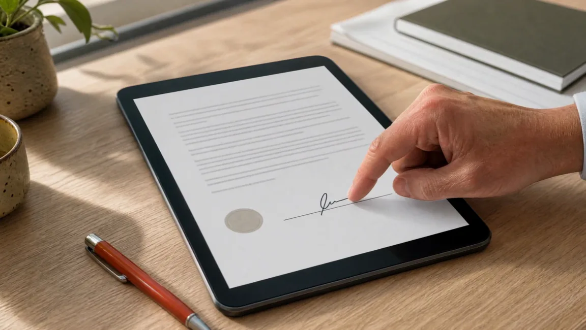 Mão assina com o dedo um documento em um tablet